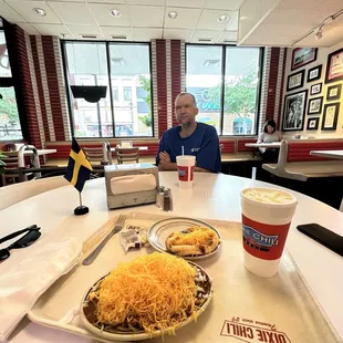 My hubby with my 6-Way and Chili Cheese Sandwich