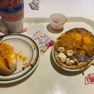 Cheese Coney and a three Chili Spaghetti 3-Way