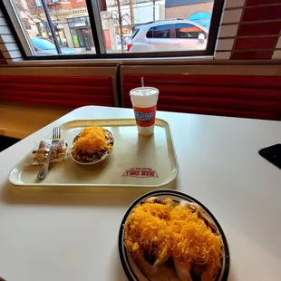 Chili Cheese Coneys (foreground) with a Regular sized 6 -Way on tray!