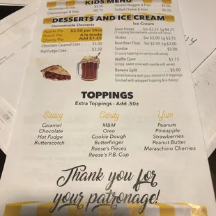 Kids menu &amp; dessert/ice cream menu