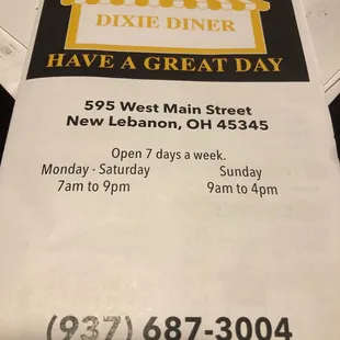 a menu for dixie diner have a great day