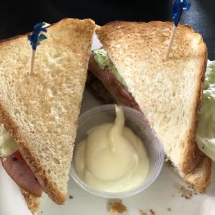 Dagwood burger with a side of mayo