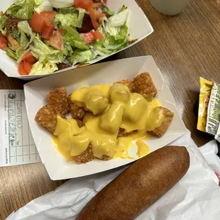 Burrito Basket, cheesy tots and the amazing corn dog!