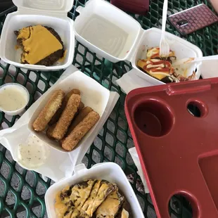 Bunless burgers with a side cheese sticks (I think)