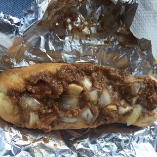 A classic Southern Chili Dog, a bit messy, but that's expected.