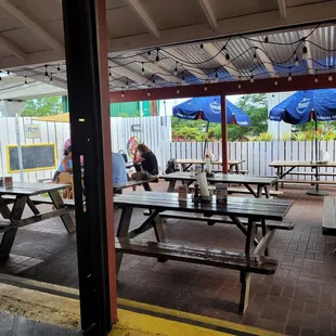 picnic tables and umbrellas