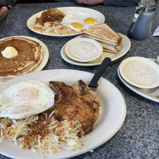 Pork chops and eggs and pancake