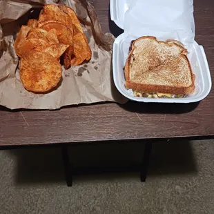 Grilled cheese brisket sandwich and House Chips