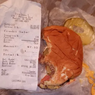 a receipt and a sandwich