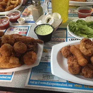 Seafood platter, fried scallops, slaw