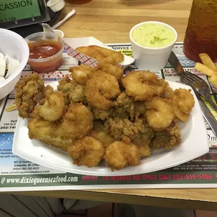 Fried shrimp, fried oysters and fried baby flounder. I am so so full and it was delicious,