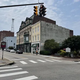 a street corner with a traffic light