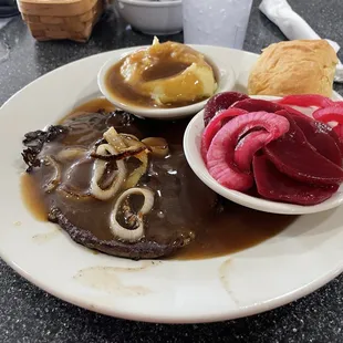 Liver and onions, pickled beets with mash potatoes and gravy!!  Soo good!!