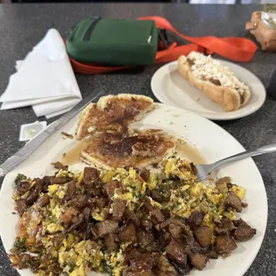 Dixie scramble, corn cake and dog