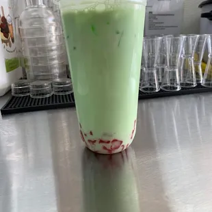 Cream soda milk with strawberry hearts