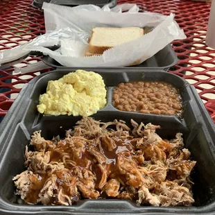 Pulled Pork Plate with beans and potato salad