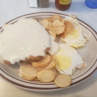 Chicken fried steak and eggs