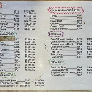 Deli counter menu with prices, Jan. 2023