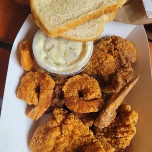 3- Way Combo, with potato salad and bread, - Prawns,  Chicken and Fish