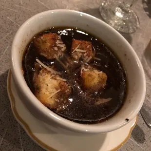 The French onion was excellent; however, it needed more croutons and cheese.