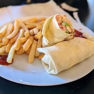 a burrito and french fries