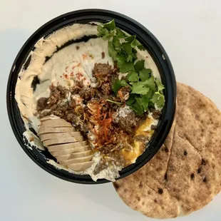 Beef shallot hummus with haminado egg