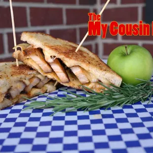 Smoke Gouda Cheese, Smoked, then Grilled Pork Belly, Thinly Sliced Granny Smith Apples