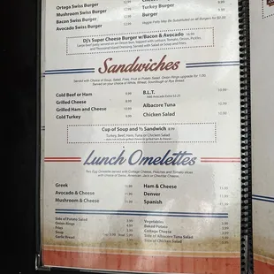 Burgers and sandwich menu