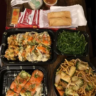 American Dream Roll, Iron Man Roll, Veg Lo Mein, Seaweed Salad &amp; Spring Rolls