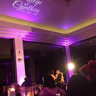 Ko'olau Ballroom with purple uplighting and a monogram courtesy of DJ Neekz