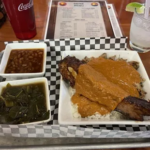 BBQ Masala Combo with Shredded beef brisket and spare ribs. Sides: collard green and baked beans.