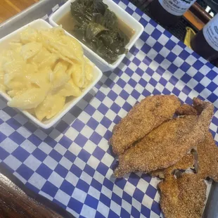 Catfish platter with greens and Mac And Cheese