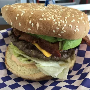 Bacon avocado cheese burger.