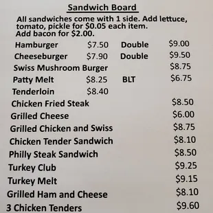 a menu for a sandwich board