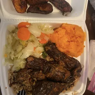 Jerk Chicken w/ Cabbage &amp; Candied Yams  Plantains