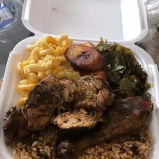 Rice and pea&apos;s macaroni jerk chicken collard greens plantains