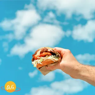 a hand holding a sandwich