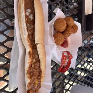 Foot long coney and fried mushrooms