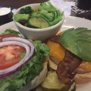 Chicken, Bacon, and Avocado sandwich. I don't eat fries, so you can choose mixed vegetables.