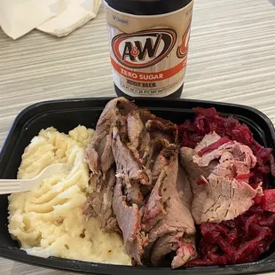 Hot dinner plate - mashed potatoes, roast beef and Shredded Beets