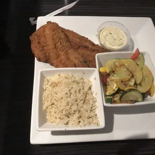 Fried Flounder, Vegetables, Rice