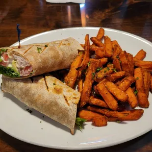 Turkey bacon bleu wrap with sweet potato fries