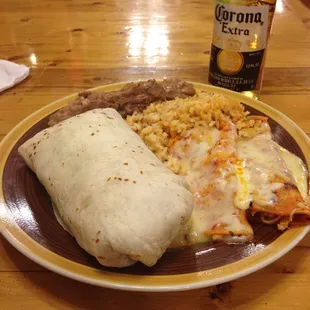 Chicken enchiladas, burrito, rice, beans, and a beer