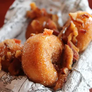 Mini Donuts with barrel aged maple syrup &amp; bacon.