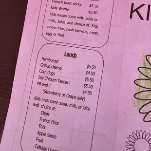 Kids menu