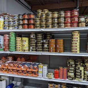 shelves of canned food and condiments