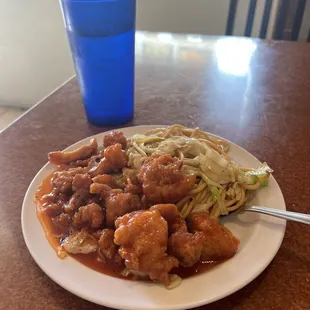 Sweet and sour chicken with chow mein