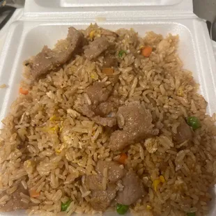 Beef fried rice? This tastes like grease and the meat is definitely not beef. The texture does not feel at all like beef.