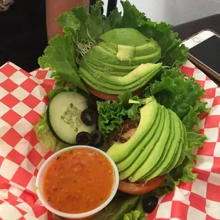 avocado, lettuce, tomato, cucumber, lettuce,