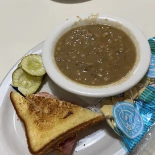 1/2 grilled ham and cheese sandwich with beef barley soup combo